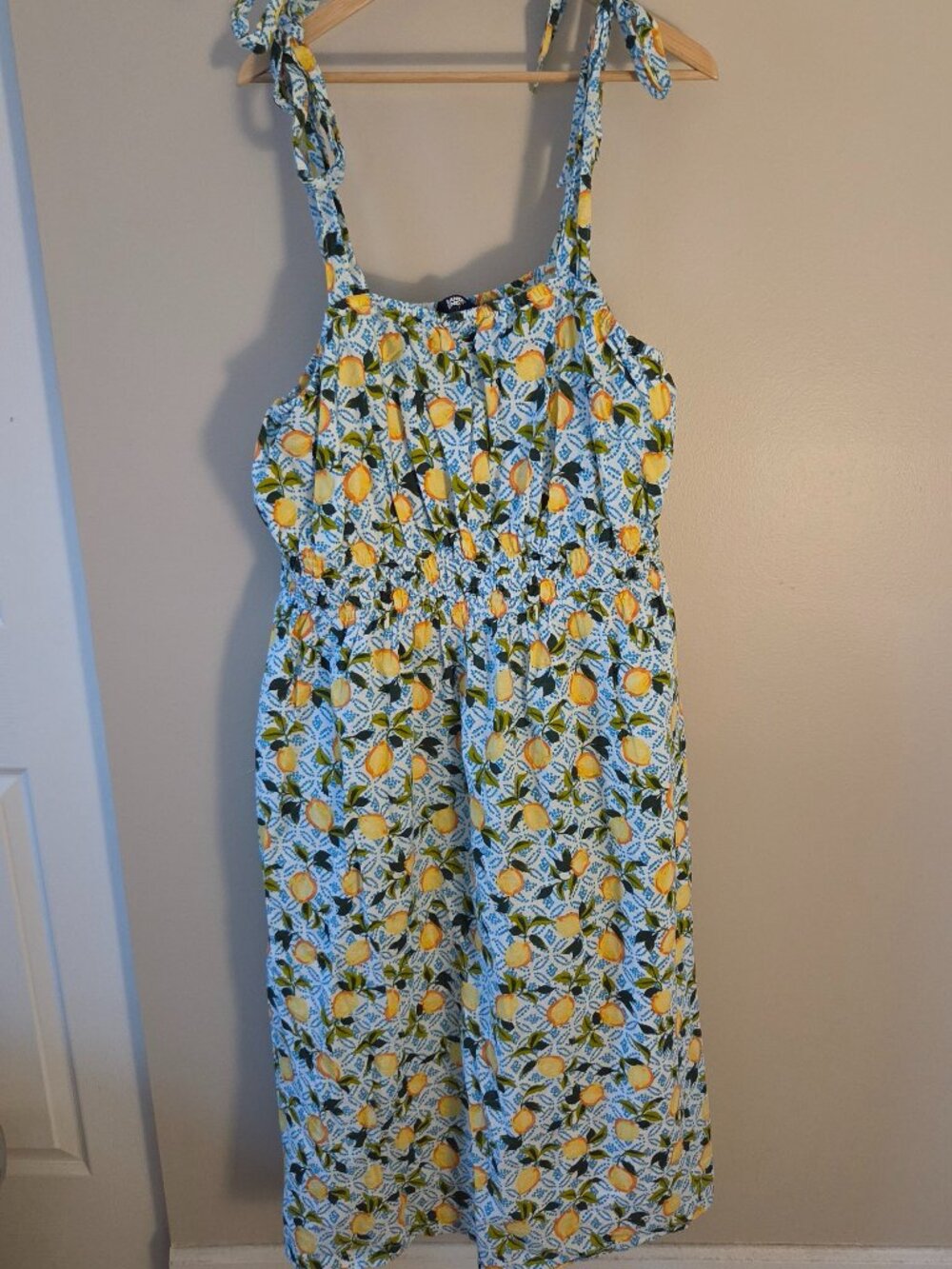Lands' End - Textured Cotton Dobby Tie Shoulder Midi Dress - Lemons - 2X (20-22)
